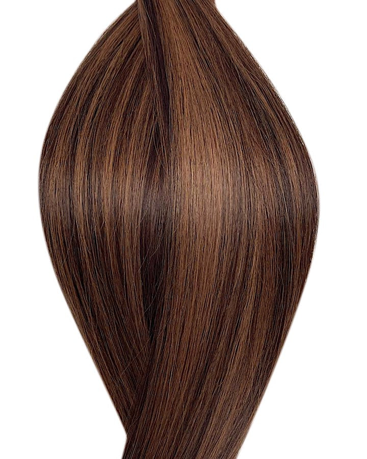 Echthaarverlängerung in Haarfarbe Dunkelbraun mit Hell Kastanienbraun Balayage für Keratin Bonding Extensions