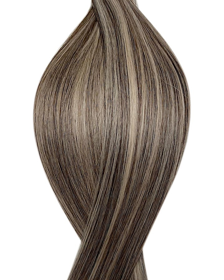 Echthaarverlängerung in Haarfarbe Dunkelbraun mit Weissblond Balayage für Keratin Bonding Extensions