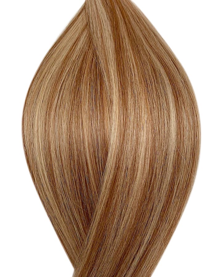 Echthaarverlängerung in Haarfarbe Kastanienbraun und Helllichtblond Balayage für Keratin Bonding Extensions