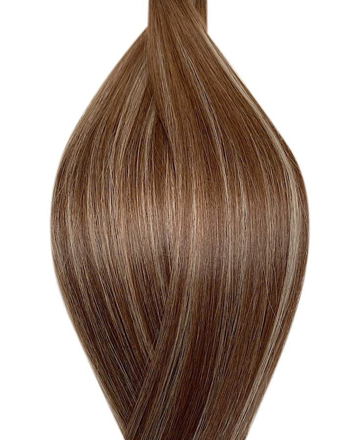 Echthaarverlängerung in Haarfarbe Braun und Weißblond Balayage mit dunklen Haaransatz für Keratin Bonding Extensions