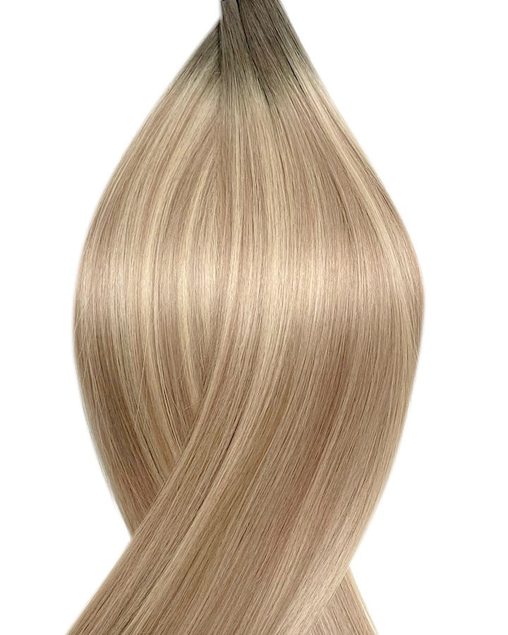 Echthaar Extensions Aschblond Balayage mit dunklen Haaransatz Aschbraun für Nanoring Extensions
