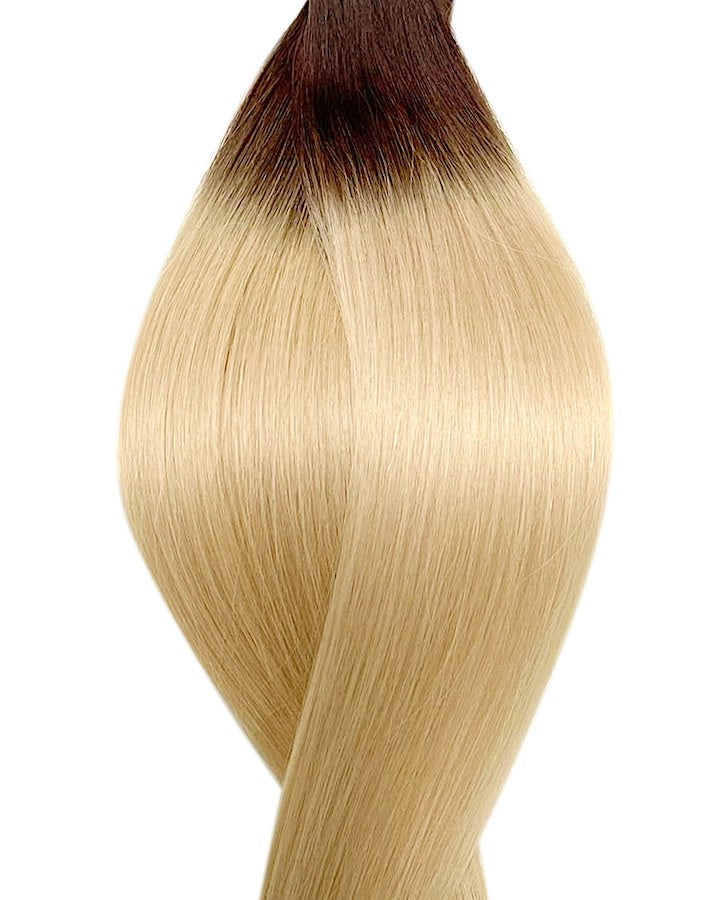 Echthaar Extensions in Haarfarbe Ombre Dunkelbraun ins Platinblond für Nanoring Extensions