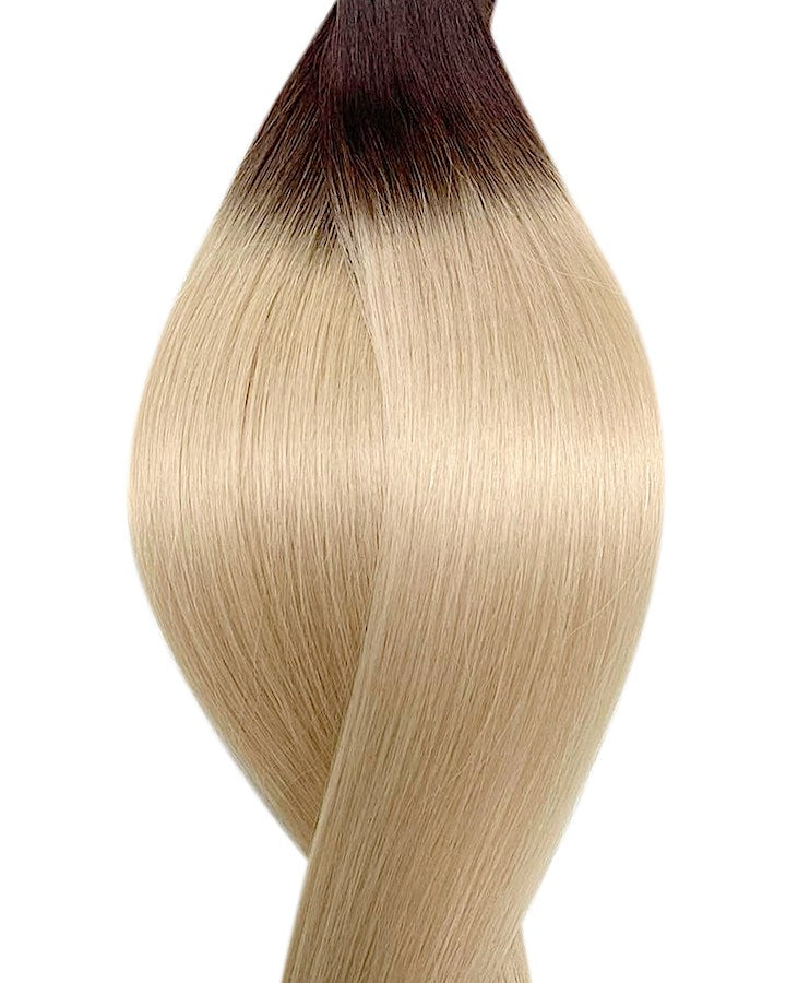 Echthaarverlängerung in Haarfarbe Ombre Dunkelbraun ins Weißblond für Keratin Bonding Extensions