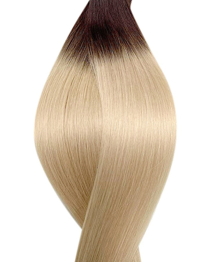 Echthaar Extensions in Haarfarbe Dunkelbraun ins Weißblond Ombre für Nanoring Extensions